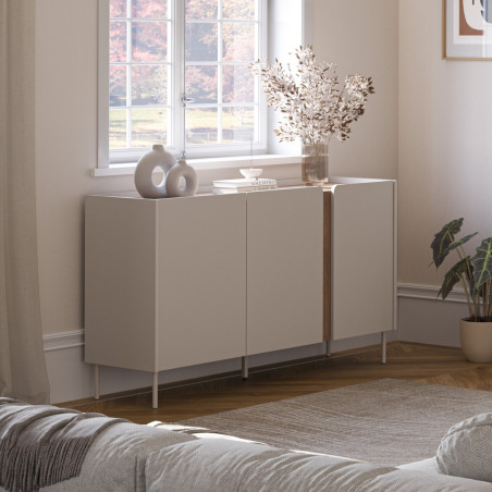 Buffet 3 portes mélaminé beige et aspect bois avec découpe bandeau - LIWENNOR