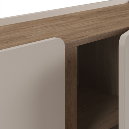 Buffet 3 portes mélaminé beige et aspect bois avec découpe bandeau - LIWENNOR