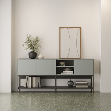Buffet 3 portes 1 niche vert sauge et métal noir mat - MIRINOR