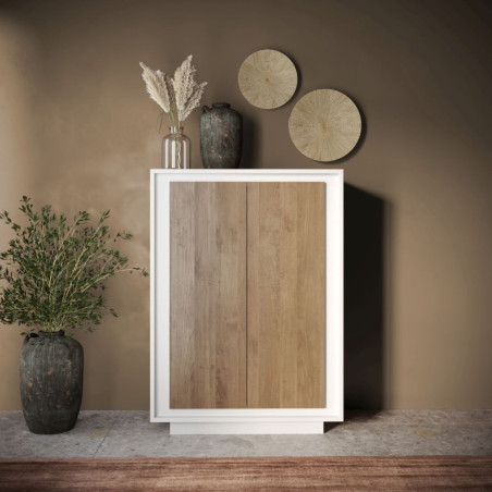 Rangement 2 portes blanc laqué façades aspect bois finition Mercure - POLVIA