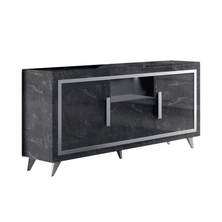 Buffet 3 portes effet marbre anthracite finition argent avec leds - ALUNA