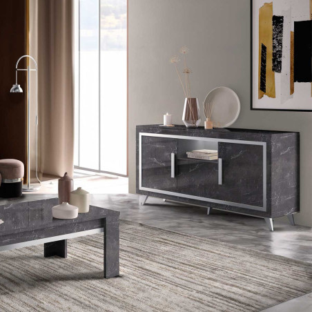 Buffet 3 portes effet marbre anthracite finition argent avec leds - ALUNA