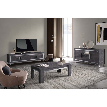 Buffet 3 portes effet marbre anthracite finition argent avec leds - ALUNA
