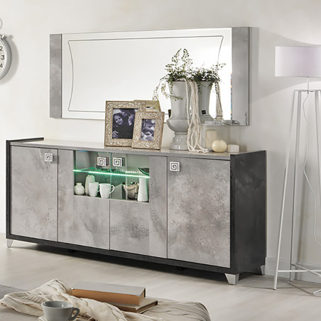 Buffet 4 portes gris aspect pierre avec led - HOFIO