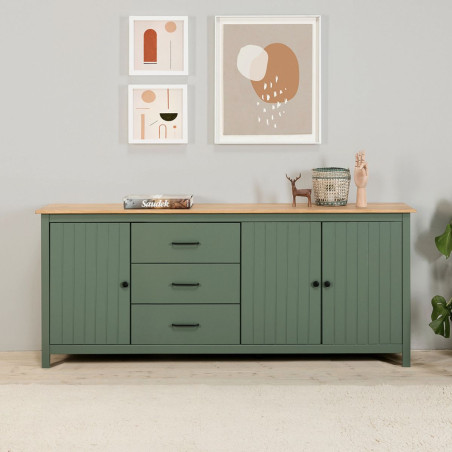 Buffet bas 3 portes 3 tiroirs bois ciré vert - TINIO