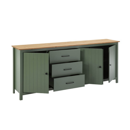 Buffet bas 3 portes 3 tiroirs bois ciré vert - TINIO