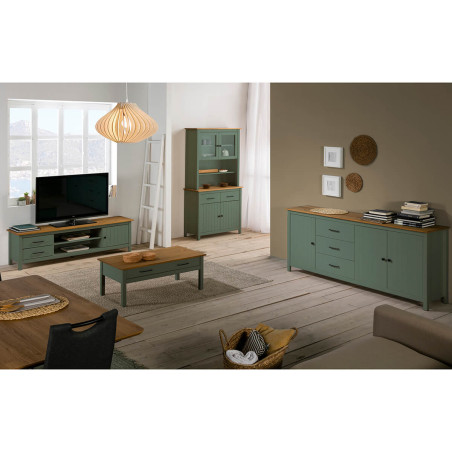 Buffet bas 3 portes 3 tiroirs bois ciré vert - TINIO