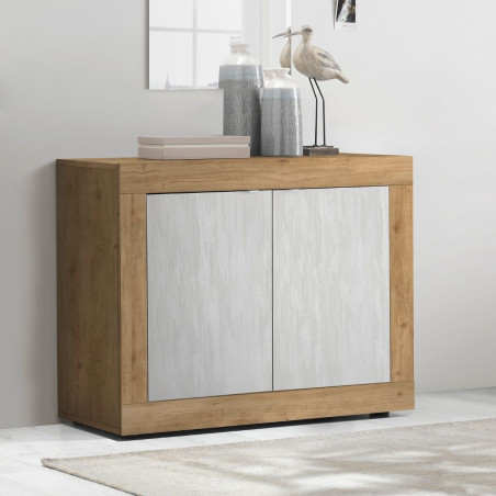 Buffet 2 portes aspect bois et blanc texturé - OTELIA