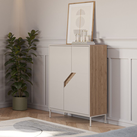 Meuble de rangement 2 portes mélaminé beige et bois découpe oblique - ANOUKOR