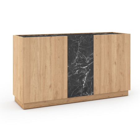 Buffet 3 portes 140 cm imitation bois et marbre noir - ODALYSOR