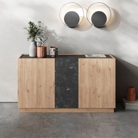 Buffet 3 portes 140 cm imitation bois et marbre noir - ODALYSOR