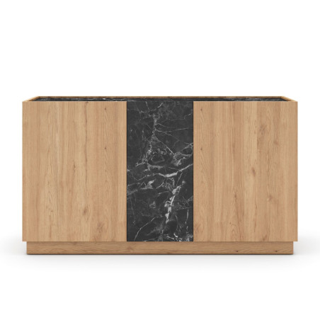 Buffet 3 portes 140 cm imitation bois et marbre noir - ODALYSOR