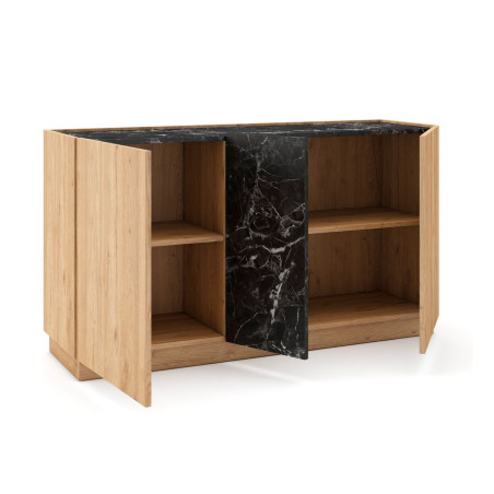 Buffet 3 portes 140 cm imitation bois et marbre noir - ODALYSOR