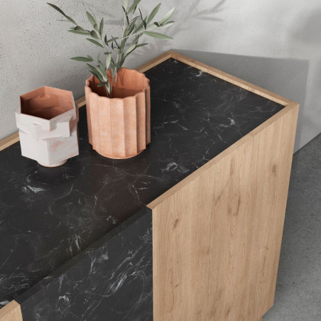 Buffet 3 portes 140 cm imitation bois et marbre noir - ODALYSOR