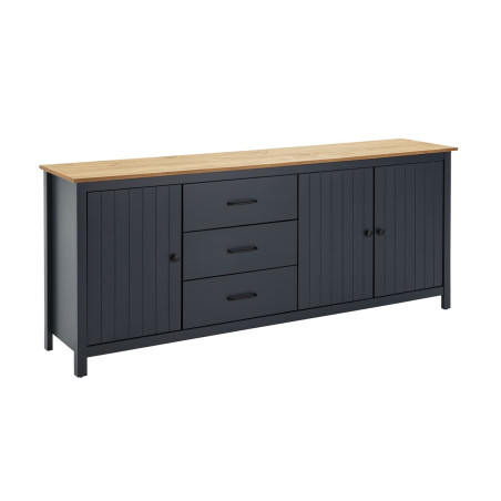 Buffet bas 3 portes 3 tiroirs bois ciré bleu pétrole - TINIO
