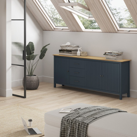 Buffet bas 3 portes 3 tiroirs bois ciré bleu pétrole - TINIO