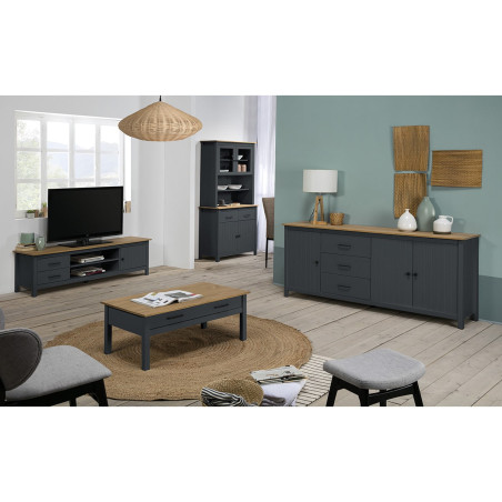 Buffet bas 3 portes 3 tiroirs bois ciré bleu pétrole - TINIO