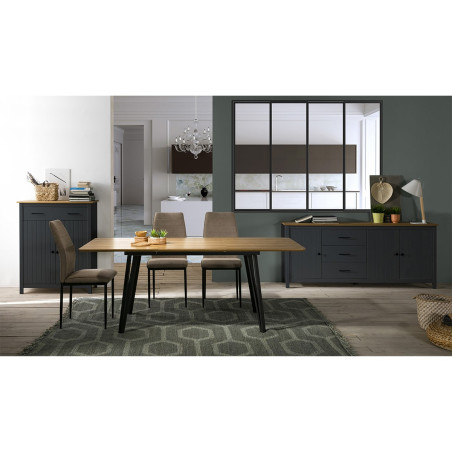 Buffet bas 3 portes 3 tiroirs bois ciré bleu pétrole - TINIO