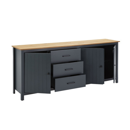 Buffet bas 3 portes 3 tiroirs bois ciré bleu pétrole - TINIO