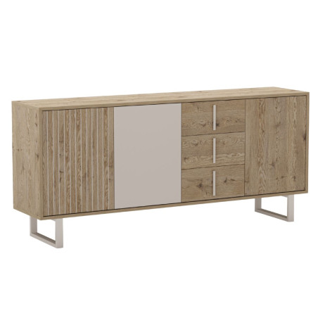 Buffet 3 portes 3 tiroirs aspect bois et beige pieds métal - MYRINOR
