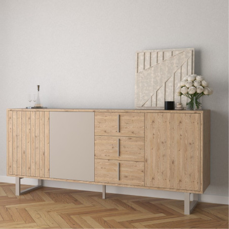 Buffet 3 portes 3 tiroirs aspect bois et beige pieds métal - MYRINOR