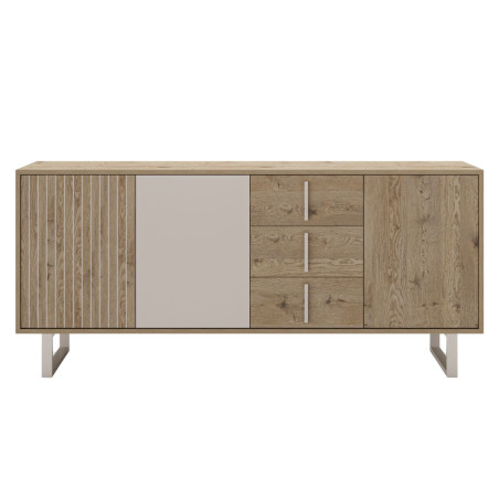 Buffet 3 portes 3 tiroirs aspect bois et beige pieds métal - MYRINOR
