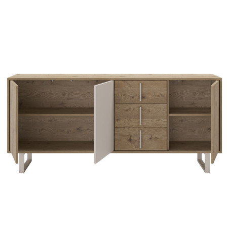 Buffet 3 portes 3 tiroirs aspect bois et beige pieds métal - MYRINOR