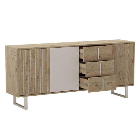 Buffet 3 portes 3 tiroirs aspect bois et beige pieds métal - MYRINOR