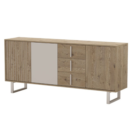 Buffet 3 portes 3 tiroirs aspect bois et beige pieds métal - MYRINOR