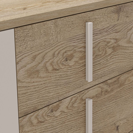 Buffet 3 portes 3 tiroirs aspect bois et beige pieds métal - MYRINOR