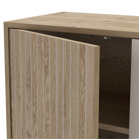 Buffet 3 portes 3 tiroirs aspect bois et beige pieds métal - MYRINOR