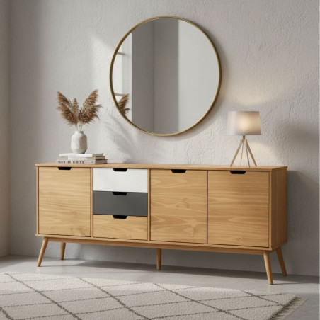 Buffet 3 Portes 3 Tiroirs Bois Massif Blanc et Gris - MARIA