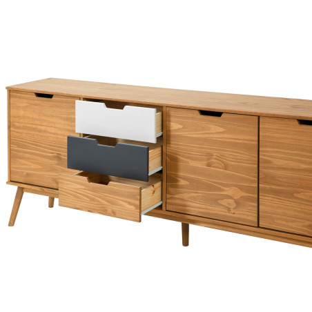 Buffet 3 Portes 3 Tiroirs Bois Massif Blanc et Gris - MARIA