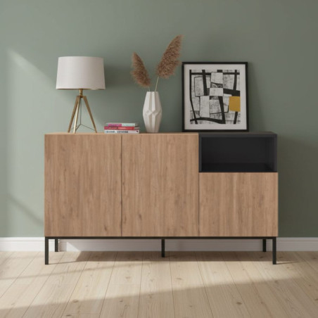 Buffet 3 portes 1 niche mélaminé bois et noir pieds métal laqué noir - CALLASOR