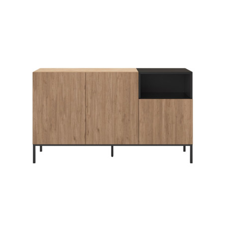 Buffet 3 portes 1 niche mélaminé bois et noir pieds métal laqué noir - CALLASOR