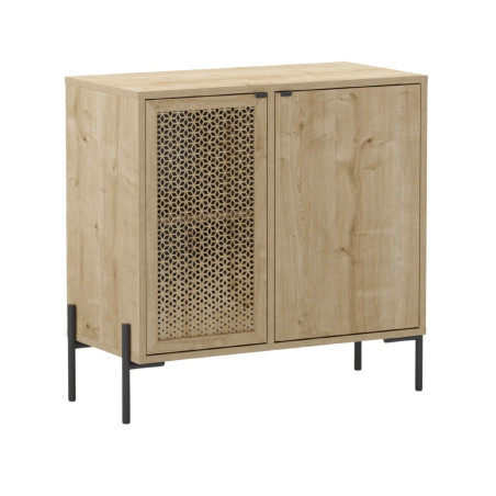Meuble rangement 2 portes bois clair 1 porte sculptée et pieds métal - MELISSOR