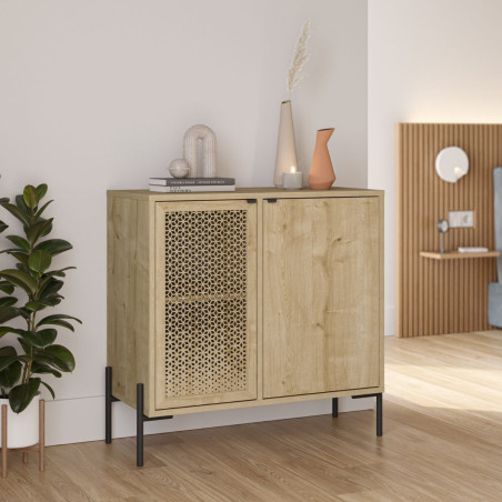 Meuble rangement 2 portes bois clair 1 porte sculptée et pieds métal - MELISSOR