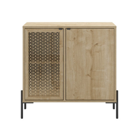Meuble rangement 2 portes bois clair 1 porte sculptée et pieds métal - MELISSOR