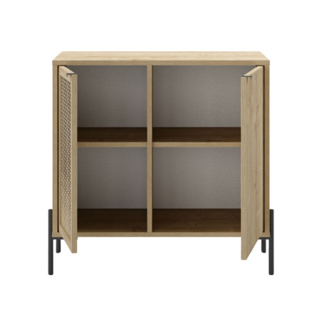 Meuble rangement 2 portes bois clair 1 porte sculptée et pieds métal - MELISSOR