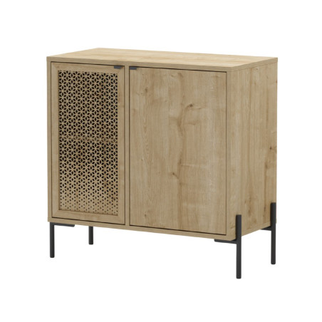 Meuble rangement 2 portes bois clair 1 porte sculptée et pieds métal - MELISSOR