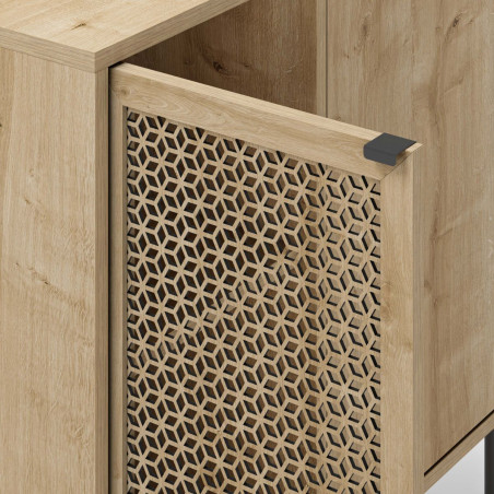 Meuble rangement 2 portes bois clair 1 porte sculptée et pieds métal - MELISSOR