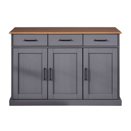 Buffet 3 portes 3 tiroirs pin massif gris plateau chêne - FABIOR