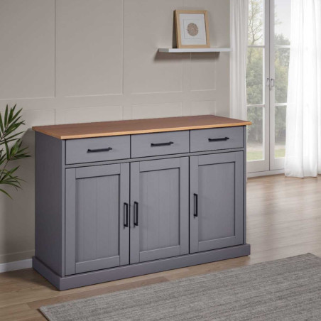 Buffet 3 portes 3 tiroirs pin massif gris plateau chêne - FABIOR
