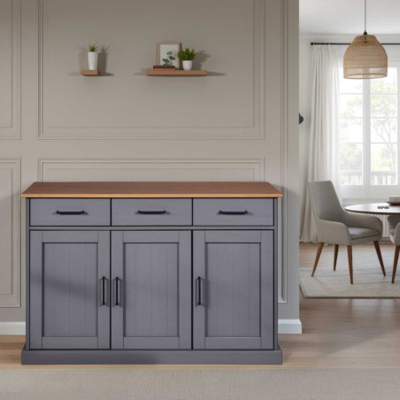 Buffet 3 portes 3 tiroirs pin massif gris plateau chêne - FABIOR