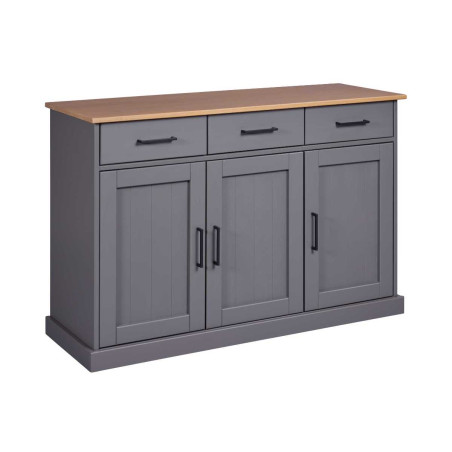 Buffet 3 portes 3 tiroirs pin massif gris plateau chêne - FABIOR
