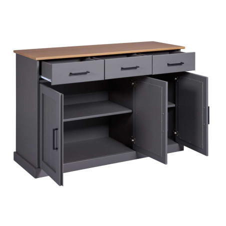 Buffet 3 portes 3 tiroirs pin massif gris plateau chêne - FABIOR