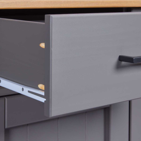 Buffet 3 portes 3 tiroirs pin massif gris plateau chêne - FABIOR