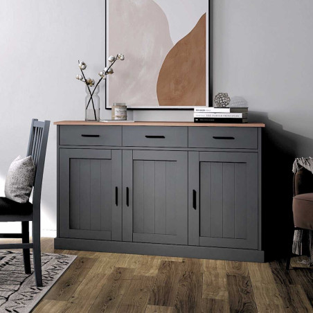 Buffet 3 portes 3 tiroirs pin massif gris plateau chêne - FABIOR