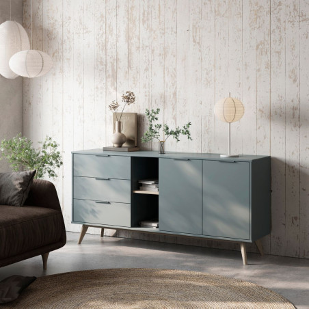 Buffet 2 portes 3 tiroirs scandinave MDF et pin massif gris vert - CANEN