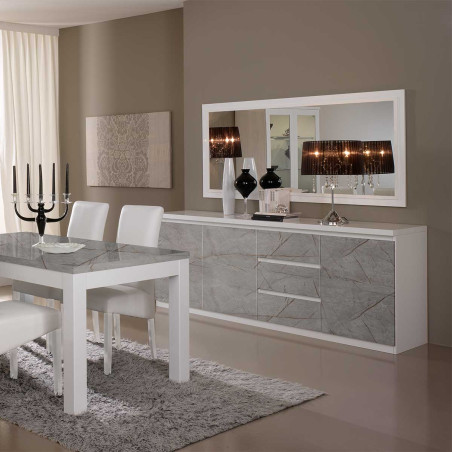 Buffet 3 Portes 3 Tiroirs Laqué Blanc et Gris Marbré - DEYTA